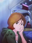  1girl breasts brown_eyes brown_hair cleavage collarbone frau_bow green_hoodie gundam hair_between_eyes hand_on_own_face highres hood hoodie leaning_forward mecha medium_breasts mobile_suit mobile_suit_gundam moroboshi_danshaku rx-78-2 short_hair v-fin 