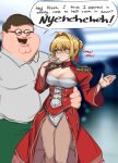  1boy 1girl :3 absurdres arm_around_waist blonde_hair blush breasts brown_hair cleavage cleavage_cutout clothing_cutout collared_shirt crossover dress english_commentary english_text family_guy fat fat_man fate_(series) green_eyes green_pants grey_shirt hair_behind_ear hair_bun hair_intakes highres kowai_(iamkowai) large_breasts looking_at_another looking_to_the_side nero_claudius_(fate) open_hand open_mouth pants peter_griffin red_dress shirt speech_bubble 