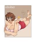  1boy 1girl artist_name artist_self-insert barefoot border breasts brown_hair camisole cleavage collarbone dated doritos english_commentary facial_hair glasses highres large_breasts open_mouth original outside_border pink_camisole red_shorts short_hair shorts smile snowcie snowciel soles solo_focus stubble white_border 