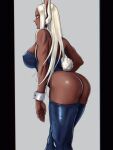  1girl animal_ears ass bangs black_leotard boku_no_hero_academia breasts closed_mouth commentary cowboy_shot dark-skinned_female dark_skin detached_collar english_commentary from_behind grey_background highleg highleg_leotard highres hihizaru_badass large_breasts leotard long_hair looking_afar mirko parted_bangs playboy_bunny rabbit_ears rabbit_tail red_eyes sidelocks silver_hair simple_background smile straight_hair strapless strapless_leotard tail thighhighs thighs thong_leotard wrist_cuffs 