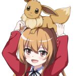  1girl :d aisaka_taiga animal_on_head arms_up artist_request bangs black_ribbon blazer brown_eyes brown_hair collared_shirt commentary_request eevee eyebrows_visible_through_hair hair_between_eyes jacket long_hair long_sleeves looking_at_viewer neck_ribbon on_head oohashi_high_school_uniform open_mouth pokemon red_jacket ribbon school_uniform shirt smile toradora! transparent_background upper_body white_shirt 