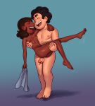  1boy 1girl breasts carrying connie_maheswaran couch dark-skinned_female dark_skin hetero highres interracial laughing nude penis princess_carry short_hair small_breasts steven_quartz_universe steven_universe 
