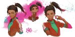  1girl apex_legends artist_name brown_eyes brown_eyeshadow brown_hair chibi dark-skinned_female dark_skin earrings facial_mark floating_hair forehead_mark green_sweater hair_behind_ear iwamoto_zerogo jewelry jumpsuit looking_to_the_side one_eye_closed orange_jumpsuit ponytail rampart_(apex_legends) smile sweater tooth_gap white_background 