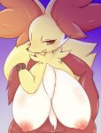  anthro big_breasts breasts clothed clothing clothing_lift delphox female gradient_background hi_res huge_breasts looking_at_viewer nintendo pok&eacute;mon pok&eacute;mon_(species) sakaeguchi_okarina simple_background smile solo video_games 