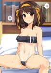  1girl arm_support bangs bare_shoulders bed_sheet blurry blush book bookshelf bow breasts brown_eyes brown_hair cleavage closed_mouth collarbone covered_nipples depth_of_field eyebrows_visible_through_hair feet_out_of_frame gris_swimsuit hair_bow hair_ornament hairband haruhisky highres looking_at_viewer medium_breasts medium_hair meme_attire navel on_bed one-piece_swimsuit orange_bow orange_hairband see-through_swimsuit sidelocks sitting smile solo spread_legs steam suzumiya_haruhi suzumiya_haruhi_no_yuuutsu sweat swept_bangs swimsuit 