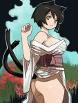  1girl animal_ears asagiri_no_miko ass bangs black_hair breasts brown_eyes brown_sash cat_ears cat_girl cat_tail closed_mouth commentary_request cowboy_shot flower japanese_clothes kimono koma_(asagiri_no_miko) large_breasts looking_at_viewer looking_back multiple_tails no_panties obi off_shoulder red_flower sash short_hair solo spider_lily tail two_tails yagi_noboru 