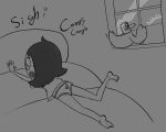  &lt;3 2018 anatid anseriform avian bbc bed bird blush blush_stickers bodily_fluids clothing cough dialogue duck duck_(sarah_and_duck) duo english_text female feral furniture greyscale human lying lying_on_bed male mammal monochrome on_bed on_front pajamas panties sarah_(sarah_and_duck) sarah_and_duck sigh soulcentinel sun sunset sweat text underwear window young 