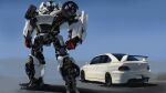  blue_eyes car clenched_hands english_commentary ground_vehicle highres mecha mitsubishi_lancer_evolution mitsubishi_motors motor_vehicle no_humans original rintaro_komori science_fiction shadow spoiler_(automobile) standing transformers transformers_(live_action) wheel 