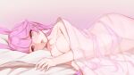  1girl animal_ears bangs bed bed_sheet blush bow bow_panties breasts cameltoe commentary_request eyebrows_visible_through_hair fox_ears gradient gradient_background hair_flaps highres honkai_(series) honkai_impact_3rd large_breasts long_hair looking_at_viewer lying nose_blush on_bed on_side open_mouth panties pillow pink_background pink_eyes pink_hair pink_panties pink_theme see-through skindentation solo tiankong_pie_ai topless underwear underwear_only very_long_hair yae_sakura 