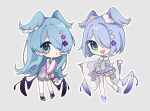  2girls bangs blue_bow blue_eyes blue_hair bow chibi elira_pendora english_commentary fangs fur_trim grey_background grey_kimono grey_overalls hair_over_one_eye head_wings hodusae japanese_clothes kimono multiple_girls nijisanji nijisanji_en off_shoulder official_alternate_costume one_eye_covered open_hands overall_shorts overalls purple_skirt single_thighhigh skirt sleeves_past_fingers sleeves_past_wrists sweater thighhighs virtual_youtuber white_sweater 