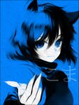  1girl animal_ears asagiri_no_miko bangs blue_theme breasts cat_ears character_name closed_mouth commentary_request fingernails hair_between_eyes koma_(asagiri_no_miko) looking_at_viewer medium_breasts monochrome sharp_fingernails short_hair smile solo sweater tooru upper_body 
