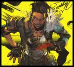  1girl apex_legends belt black_border black_hair black_jacket black_pants border brown_belt brown_eyes censored_gesture dark-skinned_female dark_skin fur_trim iwamoto_zerogo jacket jewelry mad_maggie_(apex_legends) necklace pants shirt shotgun_shell smile solo v-shaped_eyebrows white_shirt yellow_background 