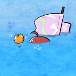  1girl ahoge air_bubble apple arknights asphyxiation bubble commentary_request drowning dwarf flag food fruit golden_apple highres myrtle_(arknights) partially_submerged pink_hair sarasa353 solo water white_flag 