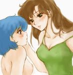  bangs bishoujo_senshi_sailor_moon blue_eyes blue_hair blush breasts brown_hair cleavage earrings green_eyes green_shirt hair_down hand_on_another's_cheek hand_on_another's_face jewelry kino_makoto long_hair looking_at_another medium_breasts mizuno_ami multiple_girls nipples nude otsukimi_(artist) parted_lips shirt tank_top upper_body yuri 