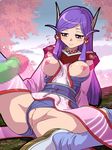  bb blush breasts breasts_outside censored cherry_blossoms highres japanese_clothes large_breasts mirei_mikuna monster nipples panties panties_aside penis phantasy_star phantasy_star_universe pointy_ears purple_eyes purple_hair pussy smile spread_legs thighhighs underwear 