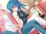  1boy 1girl blush censored erection game_cg handjob kamina_shizuru latex mutsumi_masato penis shimaima. yuuki_asuma 