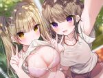  2girls arm_up blurry blurry_background blurry_foreground bra bralines breasts brown_hair cleavage clothes_lift depth_of_field double_w eyebrows_visible_through_hair gym_uniform hair_ornament hairclip highres lifted_by_self light_brown_hair long_hair mafuyu_(chibi21) mouth_hold multiple_girls non-web_source original outdoors pink_bra purple_eyes selfie shirt_lift twintails underwear v w yellow_eyes 