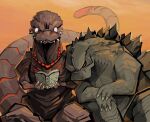  2018 ambiguous_gender book claws duo eyes_closed godzilla godzilla_(2014) godzilla_(series) grey_body grey_scales grey_skin head_on_shoulder holding_book holding_object kaiju koroguchi leaning_on_another long_tail monster nude pupils reading red_accents reptile resting resting_on_shoulder scales scalie semi-anthro sharp_teeth shin_godzilla signature sitting small_pupils spinal_plates teeth toho 