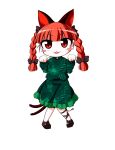  0-den 1girl absurdres animal_ears bair_bow bangs black_footwear black_ribbon blunt_bangs blunt_ends blush_stickers bow braid breasts brown_bow cat_ears cat_tail chibi commentary_request dress extra_ears eyebrows_visible_through_hair footwear_bow frills full_body green_dress hair_ribbon hands_up highres kaenbyou_rin knees_together_feet_apart leg_ribbon long_sleeves looking_at_viewer multiple_tails nekomata paw_pose red_eyes red_hair ribbon simple_background small_breasts solo standing tail touhou tress_ribbon twin_braids twintails two_tails white_background 