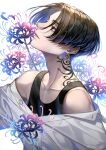  1boy black_eyes black_hair black_tank_top closed_mouth dragon_tattoo empty_eyes flower highres looking_away male_focus neck_tattoo off_shoulder sano_manjirou shirt short_hair solo spider_lily tank_top tattoo tokyo_revengers twitter_username upper_body uwzm21 white_background white_shirt 