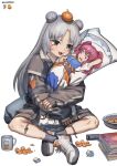  1girl arm_behind_head arm_up belt blush breasts brown_eyes cheek_squash crossed_ankles d: dakimakura_(object) double_bun eyebrows_visible_through_hair food food_on_head fruit fruit_on_head full_body grey_hair hair_bobbles hair_ornament highres indian_style jacket long_hair looking_at_another mandarin_orange medium_breasts object_on_head onozuka_komachi original pillow puffy_short_sleeves puffy_sleeves rbfnrbf_(mandarin) red_eyes red_hair sanpaku scythe short_sleeves simple_background sitting sleeves_past_wrists solo touhou two_side_up very_long_hair white_background wide-eyed 