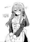  1girl anna_(ikeuchi_tanuma) apron bespectacled closed_mouth dress glasses greyscale hair_ribbon highres ikeuchi_tanuma juliet_sleeves long_sleeves looking_at_viewer maid_apron maid_headdress monochrome original puffy_sleeves ribbon rudy_(ikeuchi_tanuma) simple_background solo_focus white_background 