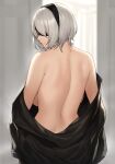  1girl bangs bare_shoulders black_blindfold blindfold breasts from_behind highres houtengeki large_breasts nier_(series) nier_automata off_shoulder parted_lips short_hair silver_hair solo yorha_no._2_type_b 