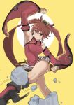  1girl absurdres armpits china_dress chinese_clothes detached_sleeves dress eyebrows_visible_through_hair fighting_stance frip guilty_gear guilty_gear_xrd hair_rings highres kicking kuradoberi_jam looking_at_viewer red_dress rock solo yellow_background 