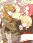  3girls absurdres belt blonde_hair blue_eyes bonple_(emblem) bonple_military_uniform braid brown_jacket capelet cup darjeeling_(girls_und_panzer) drinking epaulettes flower fourragere girls_und_panzer girls_und_panzer_ribbon_no_musha hair_bun hair_over_shoulder highres holding holding_cup jacket jajka_(girls_und_panzer) long_hair long_sleeves military military_uniform miniskirt multiple_girls nrp_(pesu) pleated_skirt red_jacket rosehip_(girls_und_panzer) short_hair single_braid skirt spilling st._gloriana&#039;s_military_uniform teacup twin_braids uniform 