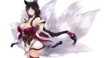  1girl ahri_(league_of_legends) animal_ears black_hair blush bracelet braid breasts cait_aron cleavage closed_mouth facial_mark fingernails fox_ears fox_tail highres jewelry large_breasts league_of_legends long_hair long_sleeves looking_at_viewer nail_polish red_nails sharp_fingernails simple_background single_braid smile solo standing tail thigh_strap whisker_markings white_background wide_sleeves yellow_eyes 