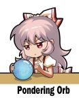  1girl bow closed_mouth english_text eyebrows_visible_through_hair fujiwara_no_mokou hair_between_eyes hair_bow jokanhiyou long_hair lowres meme orb pondering_my_orb_(meme) puffy_short_sleeves puffy_sleeves red_eyes shirt short_sleeves simple_background solo suspenders touhou white_background white_bow white_hair white_shirt 