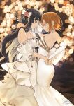 2girls akiyama_mio arm_around_neck back_bow bare_shoulders black_eyes black_hair blurry bokeh bow breasts bridal_gauntlets brown_eyes brown_hair cleavage closed_mouth commentary couple depth_of_field dress earrings elbow_gloves eye_contact fadingz flower gloves hair_bow hair_flower hair_ornament highres holding_hands jewelry k-on! light_particles long_hair looking_at_another medium_breasts multiple_girls off-shoulder_dress off_shoulder red_flower red_rose rose short_hair signature smile strapless strapless_dress tainaka_ritsu wedding_dress white_bow white_dress white_gloves wife_and_wife yuri 