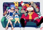  1boy 2girls :d absurdres adventures_of_sonic_the_hedgehog arle_nadja blue_footwear blue_skirt bottle breasts brown_hair carbuncle_(puyopuyo) chilidog_(lumchan777) cleavage clenched_teeth controller couch dr._eggman dr._robotnik&#039;s_mean_bean_machine facial_hair full_body grounder_(adventures_of_sonic_the_hedgehog) hand_on_another&#039;s_shoulder highres holding holding_bottle jewelry large_breasts laughing medium_breasts miniskirt multiple_girls mustache playing_games puyopuyo puyopuyo_fever rulue_(puyopuyo) sandals scratch_(adventures_of_sonic_the_hedgehog) sitting skirt smile sonic_(series) teeth toe_ring 