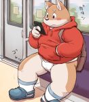  2022 anthro asian_clothing blush canid canine canis cellphone clothing detailed_background domestic_dog east_asian_clothing hoodie humanoid_hands inside japanese_clothing kemono male mammal mawashi meg_hoi overweight overweight_male phone sitting smartphone solo topwear 