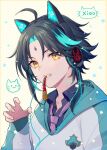  animal_ears black_hair cat_ears diamond-shaped_pupils diamond_(shape) facial_mark forehead_mark genshin_impact green_hair headphones hood hoodie long_hair miryoryo9 multicolored_hair necktie shirt short_hair symbol-shaped_pupils teeth twitter_username two-tone_hair xiao_(genshin_impact) yellow_eyes 