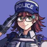  1girl astral_chain baseball_cap closed_mouth glasses gloves green_eyes hat mag_(magdraws) marie_wentz messy_hair mole mole_under_eye necktie police police_uniform policewoman short_hair simple_background smile uniform upper_body 