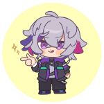  1boy :q ahoge black_jacket black_pants blush_stickers boots chibi closed_mouth cross-laced_footwear full_body fuwa_minato grey_hair grey_shirt hand_up highres jacket kiduta_cielo lace-up_boots long_sleeves looking_at_viewer male_focus multicolored_hair nijisanji open_clothes open_jacket pants purple_eyes purple_footwear purple_hair shirt smile solo sparkle standing streaked_hair tongue tongue_out two-tone_background virtual_youtuber white_background yellow_background 