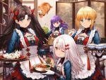  4girls absurdres ahoge artoria_pendragon_(fate) bangs blonde_hair blue_eyes blush braid breasts brown_hair cat fate/stay_night fate_(series) french_braid green_eyes grin hair_bun highres illyasviel_von_einzbern large_breasts long_hair long_sleeves looking_at_viewer matou_sakura multiple_girls one_eye_closed purple_eyes purple_hair red_eyes saber sidelocks siya_ho small_breasts smile tohsaka_rin two_side_up white_hair 