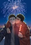  2boys absurdres arm_over_shoulder backlighting behind_another brown_hoodie cheek-to-cheek city closed_eyes couple dango fireworks food grin hand_grab hand_up heads_together highres holding holding_food hood hoodie jacket kiss kissing_cheek looking_at_viewer maize-sausage male_focus multiple_boys night one_eye_closed open_clothes open_jacket original outdoors outstretched_arm photo_background reaching selfie short_hair smile standing upper_body wagashi yaoi 