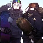  2boys accelerando bangs beanie black_eyes black_headwear black_jacket black_pants blue_eyes closed_mouth cowboy_shot ear_piercing getou_suguru gloves goggles goggles_on_head gojou_satoru grey_background grey_gloves hair_between_eyes hand_in_pocket hat highres holding jacket jujutsu_kaisen long_sleeves looking_at_viewer male_focus multiple_boys pants piercing short_hair simple_background snowboard standing v-shaped_eyebrows white_gloves white_hair winter_clothes 