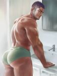  1boy ass back bara bathroom black_hair briefs closed_mouth facial_hair golden_kamuy green_male_underwear long_sideburns looking_at_viewer male_focus male_underwear mirror muscular muscular_male nopinzo scar scar_on_cheek scar_on_face short_hair sideburns solo tanigaki_genjirou thick_eyebrows thick_thighs thighs twitter_username underwear 