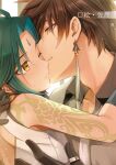  ahoge bangs bead_necklace beads black_hair brown_hair closed_eyes closed_mouth earrings facial_mark forehead_mark french_kiss genshin_impact gloves green_hair hair_between_eyes highres jewelry kisekisaki kiss long_hair long_sleeves male_focus multicolored_hair multiple_boys necklace ponytail shoulder_tattoo simple_background single_earring tattoo xiao_(genshin_impact) yaoi yellow_eyes zhongli_(genshin_impact) 
