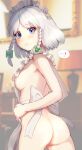  ! ... 1girl apron ass back_bow bangs bare_shoulders blue_eyes blunt_bangs blurry blurry_background bow braid breasts censored closed_mouth cowboy_shot depth_of_field eyebrows_visible_through_hair frills from_side green_bow hair_bow hair_ribbon highres indoors izayoi_sakuya lamp lips looking_at_viewer looking_to_the_side maid_headdress mosaic_censoring naked_apron nipple_slip nipples painting_(object) pussy ribbon short_hair side_braids sideboob silver_hair small_breasts solo spoken_ellipsis spoken_exclamation_mark surprised touhou tress_ribbon twin_braids wall white_bow white_headwear yawdeone 