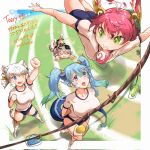  4girls :&gt; animal_ear_fluff animal_ears arm_up blue_buruma blue_eyes blue_hair breasts buruma byakko_(kemono_friends) clenched_hand commentary_request commission dated dragon_tail eyebrows_visible_through_hair fallen_down fang flying food genbu_(kemono_friends) green_eyes grey_hair gym_uniform head_wings heterochromia highres iparuputsua japari_bun kemono_friends large_breasts looking_at_another mouth_hold multiple_girls open_mouth red_hair seiryuu_(kemono_friends) shishin_(kemono_friends) short_sleeves skeb_commission suzaku_(kemono_friends) tail tiger_ears tiger_tail translation_request twintails white_hair yellow_eyes 