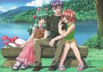  1boy 2girls arm_hug bangs black_shirt blue_eyes bow day eyebrows_visible_through_hair green_hair hair_bow hair_intakes hand_on_lap hat holding holding_clothes holding_hat kamishiro_maiku knees_together_feet_apart lake long_hair long_skirt miyafuji_miina multiple_girls no_socks non-web_source official_art on_bench onegai_twins onodera_karen open_mouth outdoors pink_skirt purple_hair red_hair rural scan shirt shoes short_hair short_sleeves shorts sitting skirt sleeveless sleeveless_shirt smile sneakers sun_hat t-shirt 