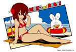  1980s_(style) 1girl bangs barefoot beach bikini blanket brown_eyes brown_hair character_name day flower hair_flower hair_ornament hibiscus looking_at_viewer medium_hair moko-chan non-web_source open_mouth outdoors rabbi-kun red_bikini retro_artstyle shore sitting solo swimsuit tamiya_incorporated 