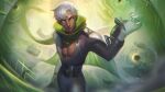  1boy absurdres alternate_costume bangs cape cowboy_shot glowing glowing_eyes green_cape green_scarf grey_hair hand_up highres league_of_legends looking_at_viewer male_focus malzahar scarf shiny shiny_hair smile solo toned toned_male vincent_t_(oriaarts) white_cape 