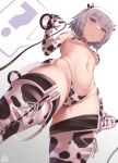  1girl animal_ears animal_print bangs bare_shoulders bikini blush breast_pump breasts choker cow_ears cow_horns cow_print cow_tail elbow_gloves fate/apocrypha fate_(series) gloves green_eyes hair_between_eyes highleg highleg_bikini highres horns jack_the_ripper_(fate/apocrypha) looking_at_viewer milking_machine navel open_mouth scar scar_across_eye scar_on_cheek scar_on_face short_hair shoulder_tattoo small_breasts solo swimsuit tail tattoo thighhighs thighs uo_denim white_bikini white_gloves white_hair white_legwear 