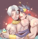 2boys ^_^ astraea_f black_hair black_nails blush bottle closed_eyes gorget hades_(game) hand_on_another&#039;s_chest laurel_crown male_focus multiple_boys open_mouth silver_hair smile thanatos_(hades) topless_male yaoi zagreus_(hades) 