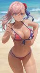  1girl bangs beach bikini blue_eyes blush breasts brown_hair cleavage closed_mouth commentary_request day fate/grand_order fate_(series) free_style_(yohan1754) hair_between_eyes highres large_breasts long_hair looking_at_viewer miyamoto_musashi_(fate) miyamoto_musashi_(swimsuit_berserker)_(fate) ocean outdoors smile solo standing swimsuit tan tanlines thighhighs underboob 